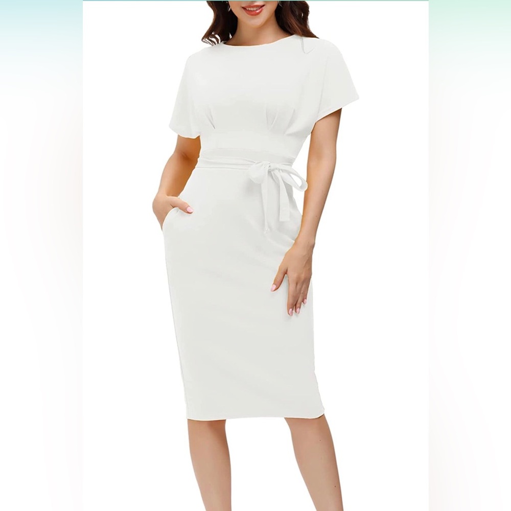 Women’s bodycon Pencil white Midi Dress with belt and pockets size XL